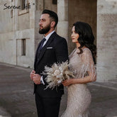 Brown Mermaid Luxury Evening Dresses Gowns 2025 Beaded Feather Elegant For Woman Party LA71323