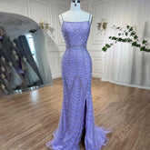 On Sale no return no refund Lilac Elegant Spaghetti Strap Split Beaded Formal Luxury Arabic Mermaid Evening Dresses for Formal Occasion 2025 LA72109