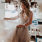 Champagne Latern Sleeve Evening Dresses Gowns 2025 A-Line Beaded Lace For Women Party LA71346