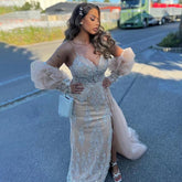 Champagne Mermaid Sexy Spaghetti Straps High Split Overskirt Evening Dresses Gowns Luxury Beaded 2025 LA71727