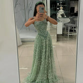 Sage Green Beaded A-Line Spaghetti Strap Evening Dress Gown LA72805