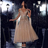 Robe de soirée mi-longue style arabe nude, coupe trapèze, bretelles et perles, pour femme, tenue de mariage, modèle LA71911, 2025