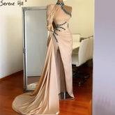 Designer Soft Satin Champagne One Shoulder Mermaid High Split Evening Dresses Gowns 2025 For Women Party LA70877