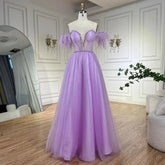 Dubai Arabic Elegant Lilac Feathers Beaded A-Line Evening Gown 2025 Luxury Dress for Women Long Party Dress LA72326