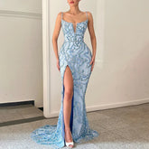 Dubai Blue Mermaid High Split Spaghetti Strap Evening Dresses Gowns Luxury Beaded 2025 For Women Party LA72265