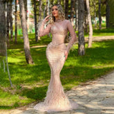 Dubai Gowns Nude Illusion Pearls Beaded Feathers Mermaid Long Evening Dresses 2025 for Women Wedding Party LA72245
