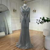 Dubai Gray Mermaid Elegant Lace Crystal Beaded Luxury Evening Dresses Gowns For Women Wedding Party 2025 LA72516