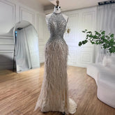 Dubai Halter Beige Feathers Beaded Formal Luxury Mermaid Evening Dresses For Women Wedding Party 2025 LA70623A