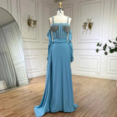 Dubai Luxury Evening Gown 2025 Blue High Split Mermaid Spaghetti Strap Gloves Perfect for Wedding Parties LA72366
