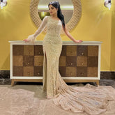 Dubai Nude One Shoulder Luxury Beaded Feathers Split Mermaid Evening Dresses Gowns for Women Party Gown LA72353