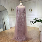 Dubai Pink Cape Sleeves Mermaid Beaded Luxury Long Arabic Evening Dresses Gowns for Woman Wedding Party LA71992A