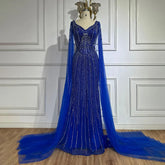 Dubai Royal Blue Elegant Cape Sleeves Beaded Arabic Luxury Evening Dresses Gowns for Women Party 2025 LA72502