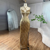 Dubai Silver Mermaid Gold Evening Gowns Luxury Beaded Tassel Spaghetti Strap Party Drsses For Women 2025 LA72280
