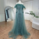 Dubai turquoise Feathers Beaded Mermaid Elegant Strapless Evening Dresses Gowns 2025 For Women Wedding Party LA72169
