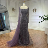 Elegant Arabic Purple Mermaid Beaded Evening Gown with Tulle Overskirt for Women | Wedding Party 2025 LA72032F