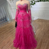 Fuchsia A Line Elegant Sweetheart Off Shoulder Tiered Beaded Evening Dresses Prom Gowns For Women Party 2025 LA72035