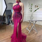 Robe de soirée sirène fuchsia sans manches, décolleté en V, perles et fente haute, LA72092