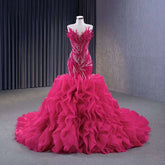 Fuchsia Strapless Lace Up Pearls Beaded Luxury Mermaid Bride Gowns Wedding Dress 2025 High End Custom Made HM231040