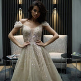 Gold Beaded A-Line Evening Gowns 2025 Off Shoulder Luxury Sexy Dresses Long For Women Party LA71411A