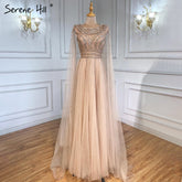 Gold Cape Sleeves A-Line Evening Dresses Gowns 2025 Luxury Beaded For Women Party LA71315