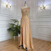 Gold Elegant Mermaid Sexy One Shoulder Cape Sleeve High Split Luxury Beaded Evening Dresses Gowns 2025 LA71902