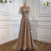 Gold Luxury A-Line Evening Dresses Gowns 2025 Beaded Short Flare Sleeves For Women Party LA70824