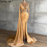 Gold Satin Cape Sleeves Split Evening Dresses Gowns 2025 Elegant Beaded Mermaid Gowns For Women Party LA71183