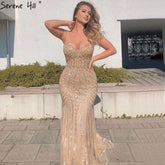 Robe de soirée longue et sexy à bretelles spaghetti et perles pour femme, élégante, grande taille, dorée, sans retour ni remboursement, modèle LA6002