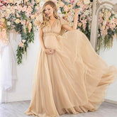 Gold Simple Short Sleeves Evening Dresses Gowns 2025 Pregnant Photography For Women Party HA2518