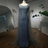 Gray Mermaid Arabic Evening Dresses Gowns Elegant Cape Sleeves Luxury Beaded 2025 For Women Wedding Party LA72149