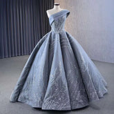 Gray One Shoulder Lace Up Beaded Luxury Ball Gown Bride Gowns Wedding Dress 2025 High End Custom Made HM231074