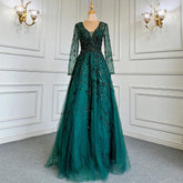 Green A-Line V-Neck Long Sleeves Evening Dresses Gowns Luxury Beaded 2025 For Women Wedding Party LA71702