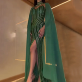 Green Elegant Mermaid Luxury Evening Dresses Gowns 2025 High Split With Cape Sleeves Beaded For Women Party LA72073