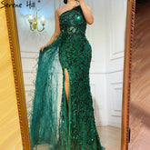 Green Elegant Mermaid Sexy One Shouder Split Evening Dresse Gowns Luxury Beaded Feathers 2025 Women Party LA70829