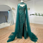 Green Mermaid Arabic Evening Dresses Gowns Split With Cape Sleeves Beaded 2025 For Women Wedding Party LA72073A