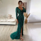 Green Mermaid Elegant V-Neck Pearls Long Sleeves Evening Dresses Luxury Beaded 2025 For Women Wedding Party LA70499