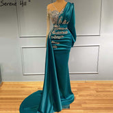 Green Mermaid Satin Evening Dresses Gowns 2025 Muslim Elegant Beaded Luxury For Women Party LA71370