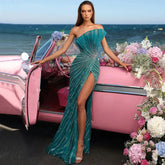 Green Mermaid Sexy High Split Off Shoulder Beaded Luxury Dubai Evening Dresses Gowns 2025 For Women Party LA72049