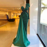 Green Satin One Shoulder Evening Dresses Gowns 2025 Mermaid Beaded Elegant Overskirt For Women Party LA71624