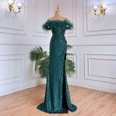 Green Sexy Mermaid High Split Feathers Formal Luxury Evening Dresses Gowns For Women Wedding Party 2025 LA71848