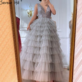 Grey A-Line Luxury Evening Dresses Gowns 2025 Beading Tiered Sexy For Women Party LA70918