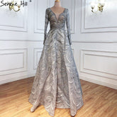 Grey A-Line Luxury Evening Dresses Gowns 2025 Lace Beaded Crystal Sexy For Woman Party LA71171