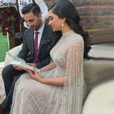 Robe de soirée arabe grise nude à manches cape LA71047