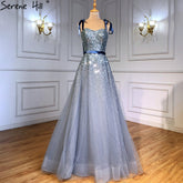 Grey Blue A-Line Luxury Evening Dresses Gowns 2025 Spaghetti Strap Beading Sexy For Women Party LA70888
