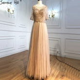 Grey Half Sleeves Luxury Evening Dresses Gowns 2025 Beading A-Line Sexy For Women Party LA70909