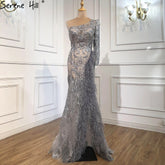 Grey High Split Mermaid Sexy Evening Dresses 2025 One Shoulder Beading Feathers Formal Dress Design LA70691
