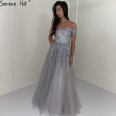 Grey Luxury A-Line Evening Dresses Gowns 2025 Beaded Bling Sexy For Women Wedding Party LA71188