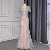 Grey Mermaid Elegant Avond Jurken 2025 Luxe Kralen O-hals Korte Voor Vrouwen Party LA71697