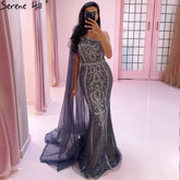 Grey Mermaid Elegant Cape Sleeves Evening Dresses Gowns One Shoulder Luxury Beaded 2025 For Women Party LA71270