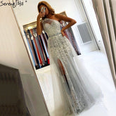 Sale Grey Mermaid Elegant Evening Dresses Gowns 2025 One Shoulder Lace Sexy Pearls For Women Party LA70635